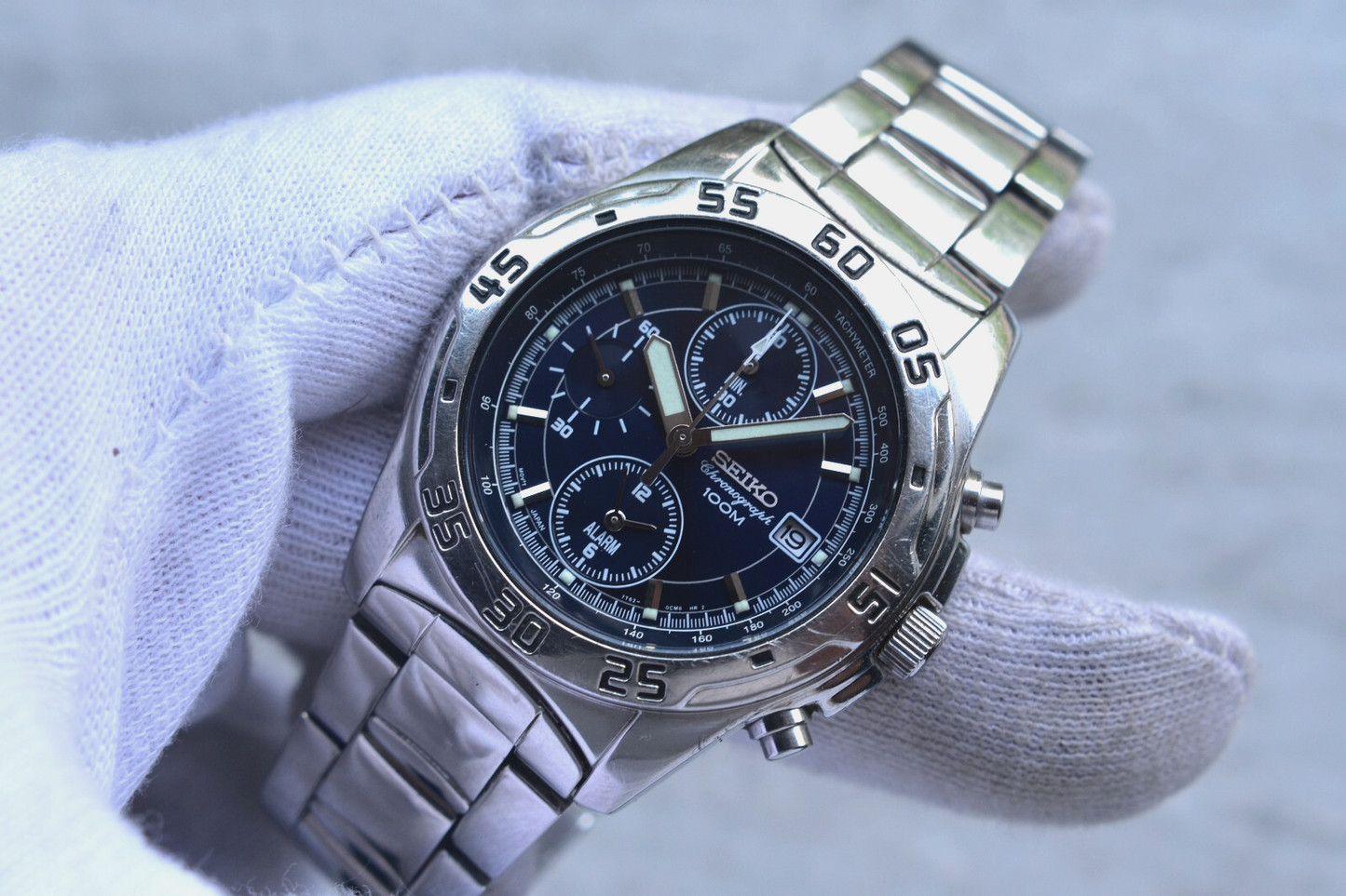 Seiko 100m Chronograph Blue Dial Date Men's Quartz Bracelet Rare Watch