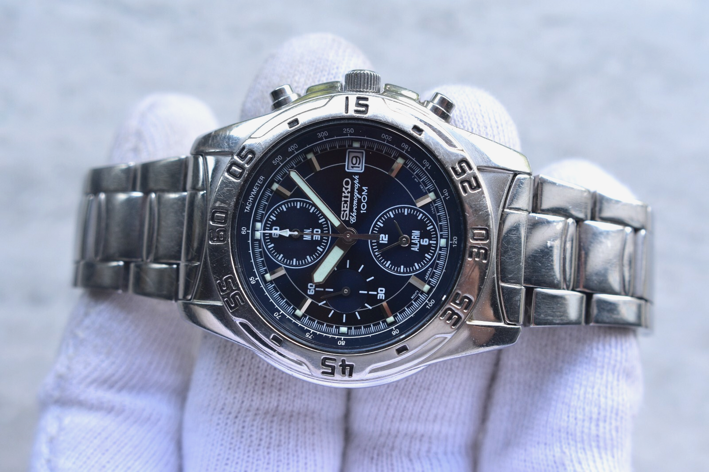 Seiko 100m Chronograph Blue Dial Date Men's Quartz Bracelet Rare Watch