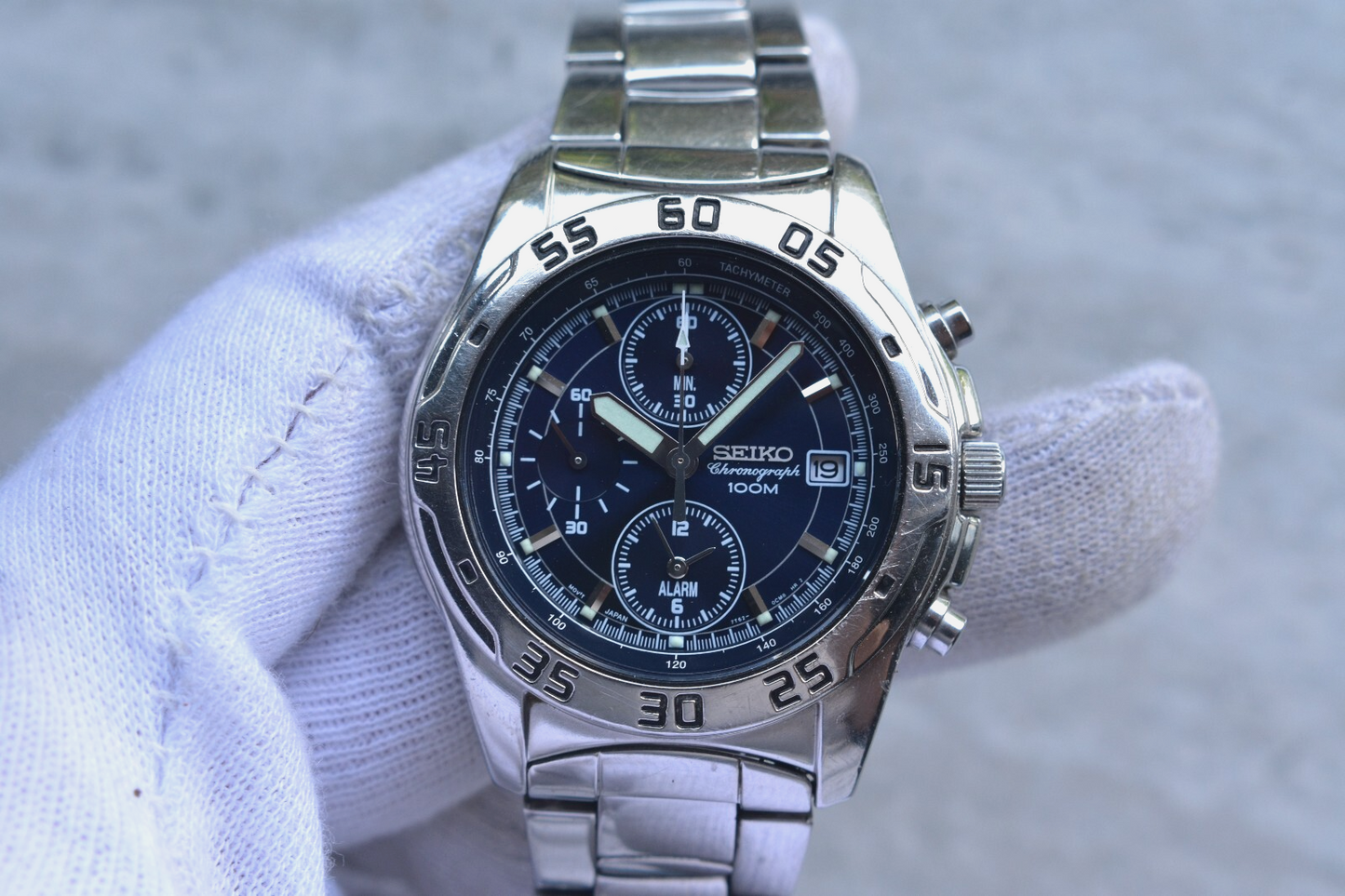Seiko 100m Chronograph Blue Dial Date Men's Quartz Bracelet Rare Watch