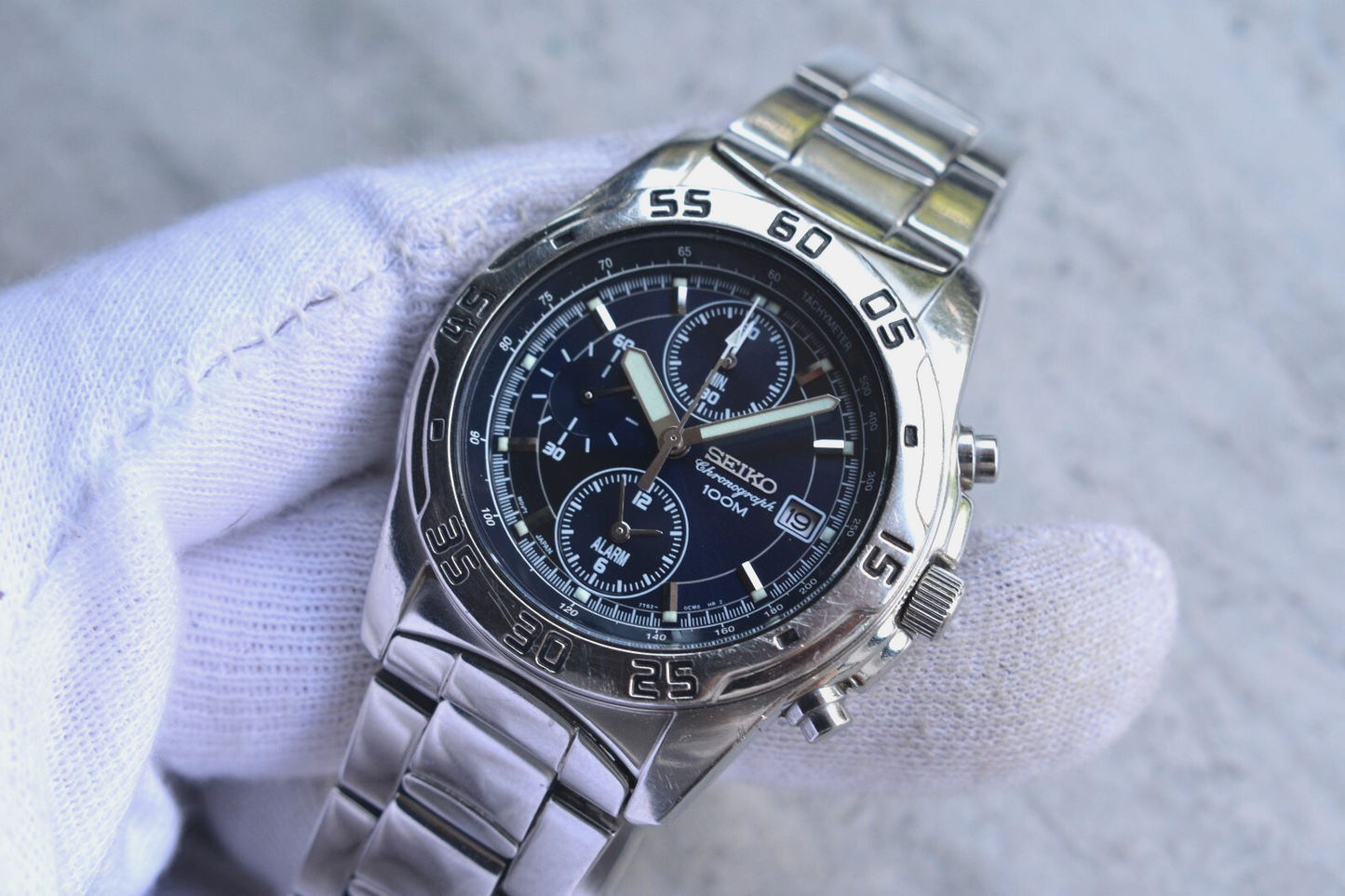 Seiko 100m Chronograph Blue Dial Date Men's Quartz Bracelet Rare Watch