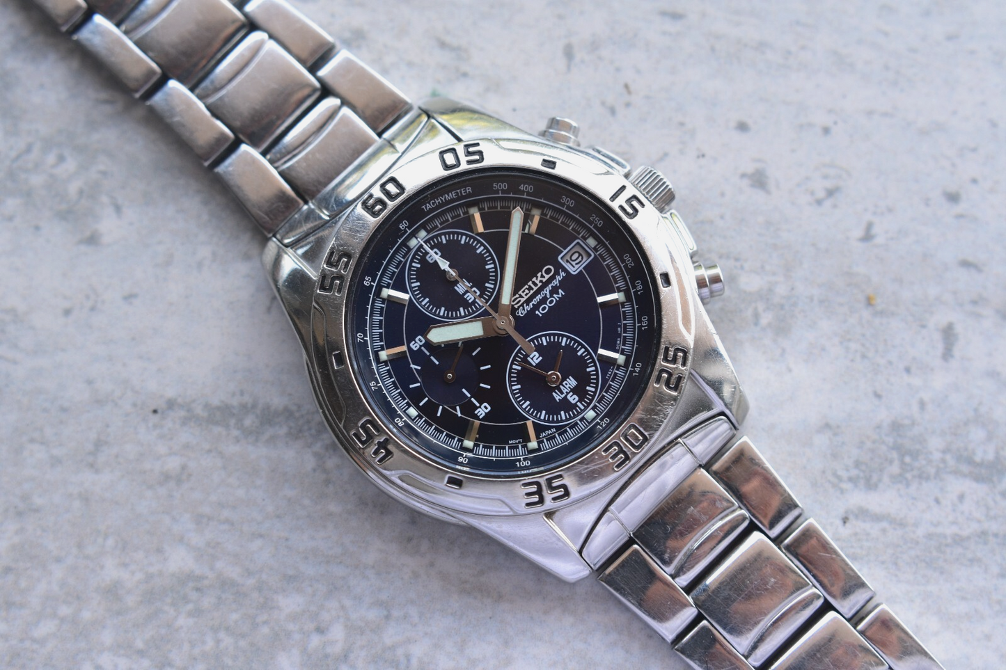 Seiko 100m Chronograph Blue Dial Date Men's Quartz Bracelet Rare Watch