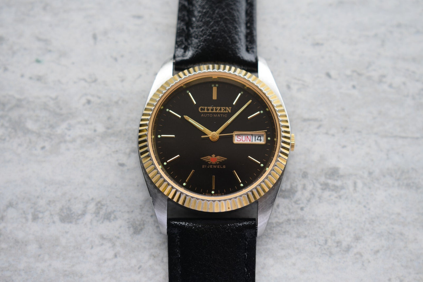 May 1997 Vintage Citizen Eagle 7 Automatic Men's Fluted Black Dial Leather Watch