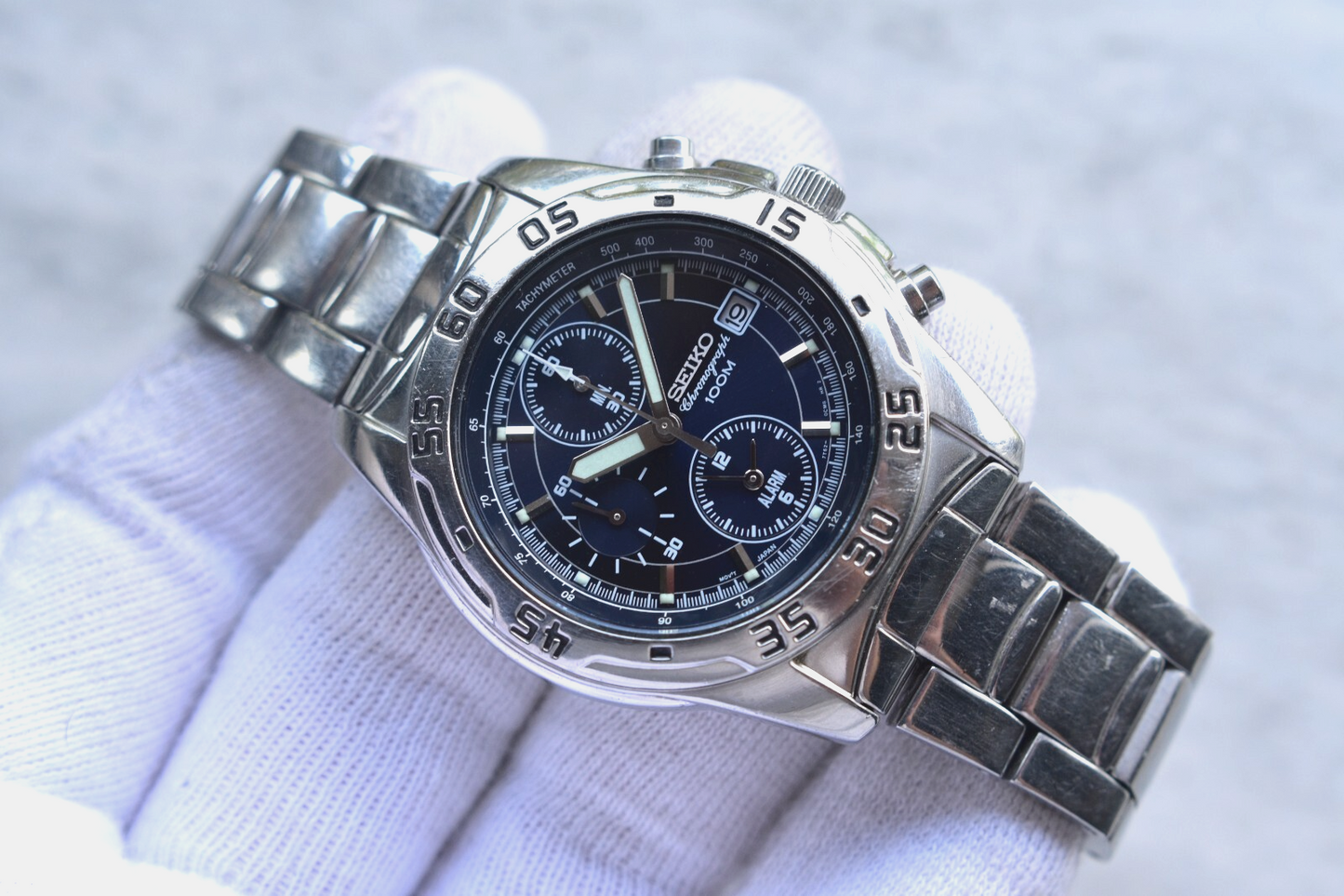 Seiko 100m Chronograph Blue Dial Date Men's Quartz Bracelet Rare Watch