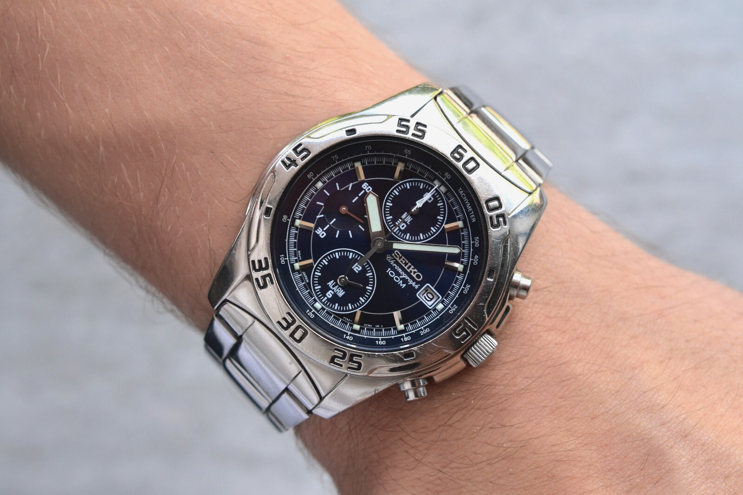 Seiko 100m Chronograph Blue Dial Date Men's Quartz Bracelet Rare Watch