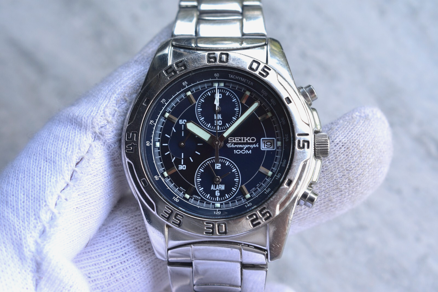 Seiko 100m Chronograph Blue Dial Date Men's Quartz Bracelet Rare Watch
