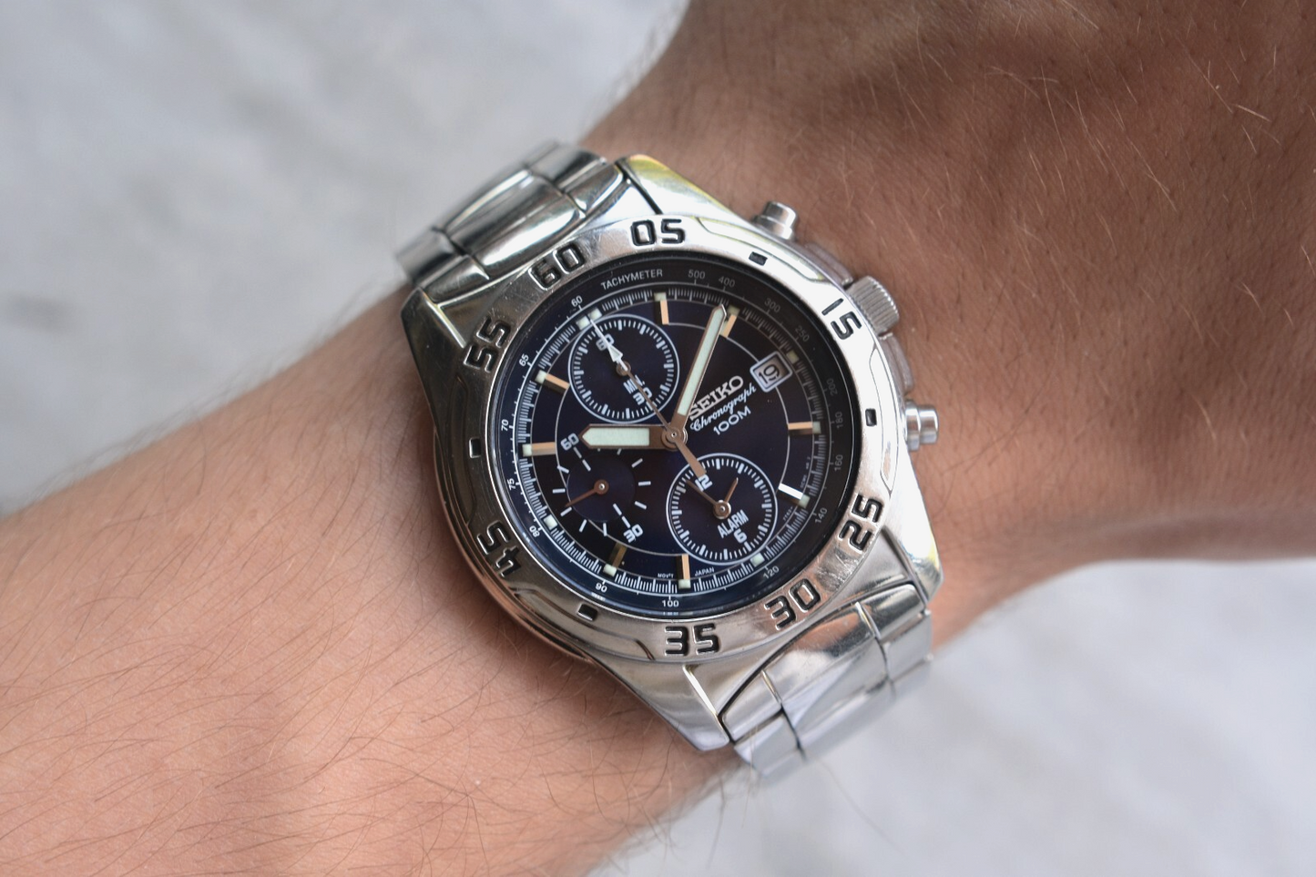 Seiko 100m Chronograph Blue Dial Date Men's Quartz Bracelet Rare Watch