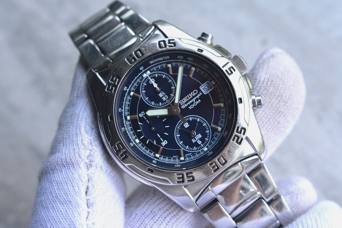 Seiko 100m Chronograph Blue Dial Date Men's Quartz Bracelet Rare Watch