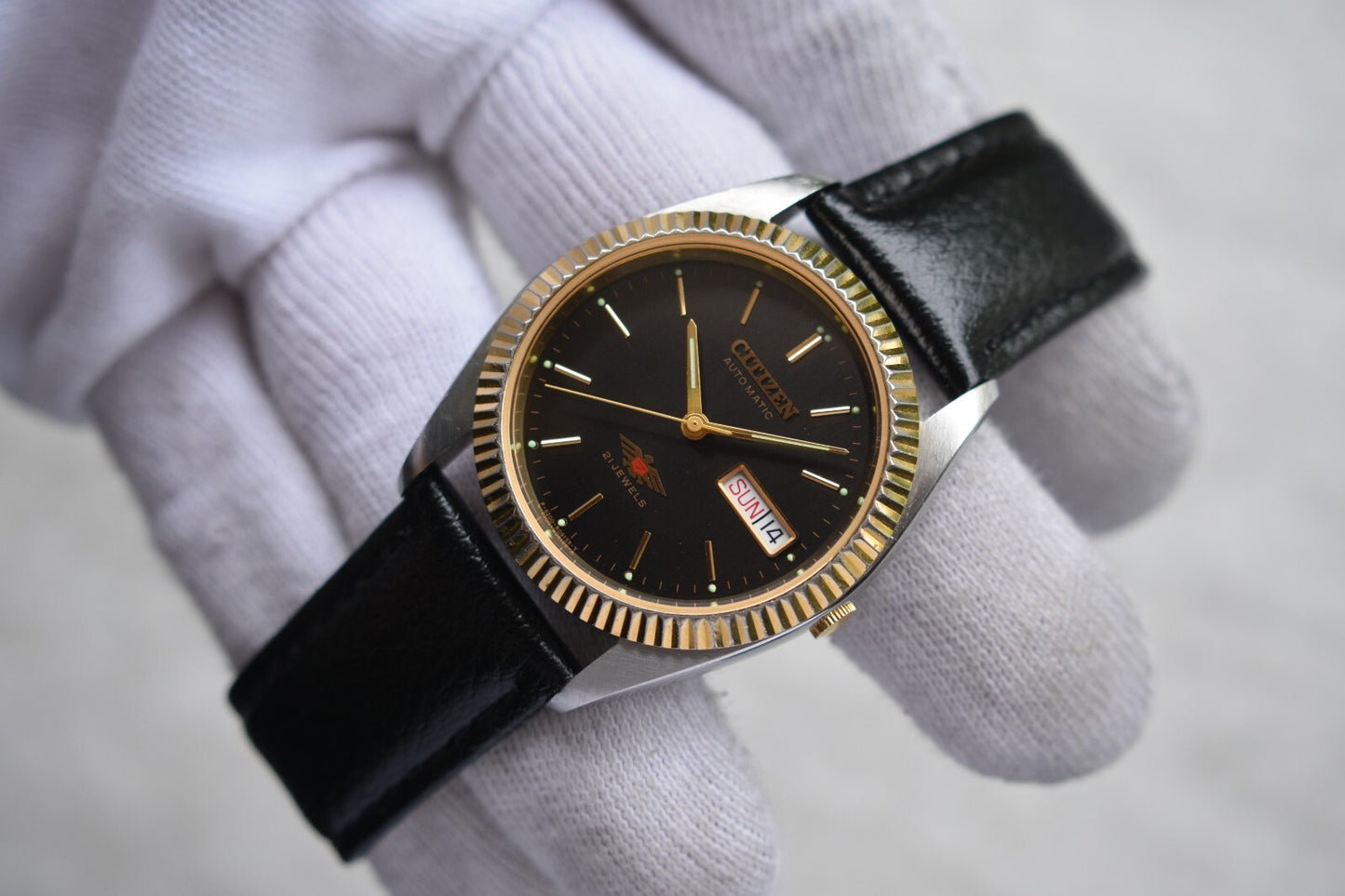 May 1997 Vintage Citizen Eagle 7 Automatic Men's Fluted Black Dial Leather Watch
