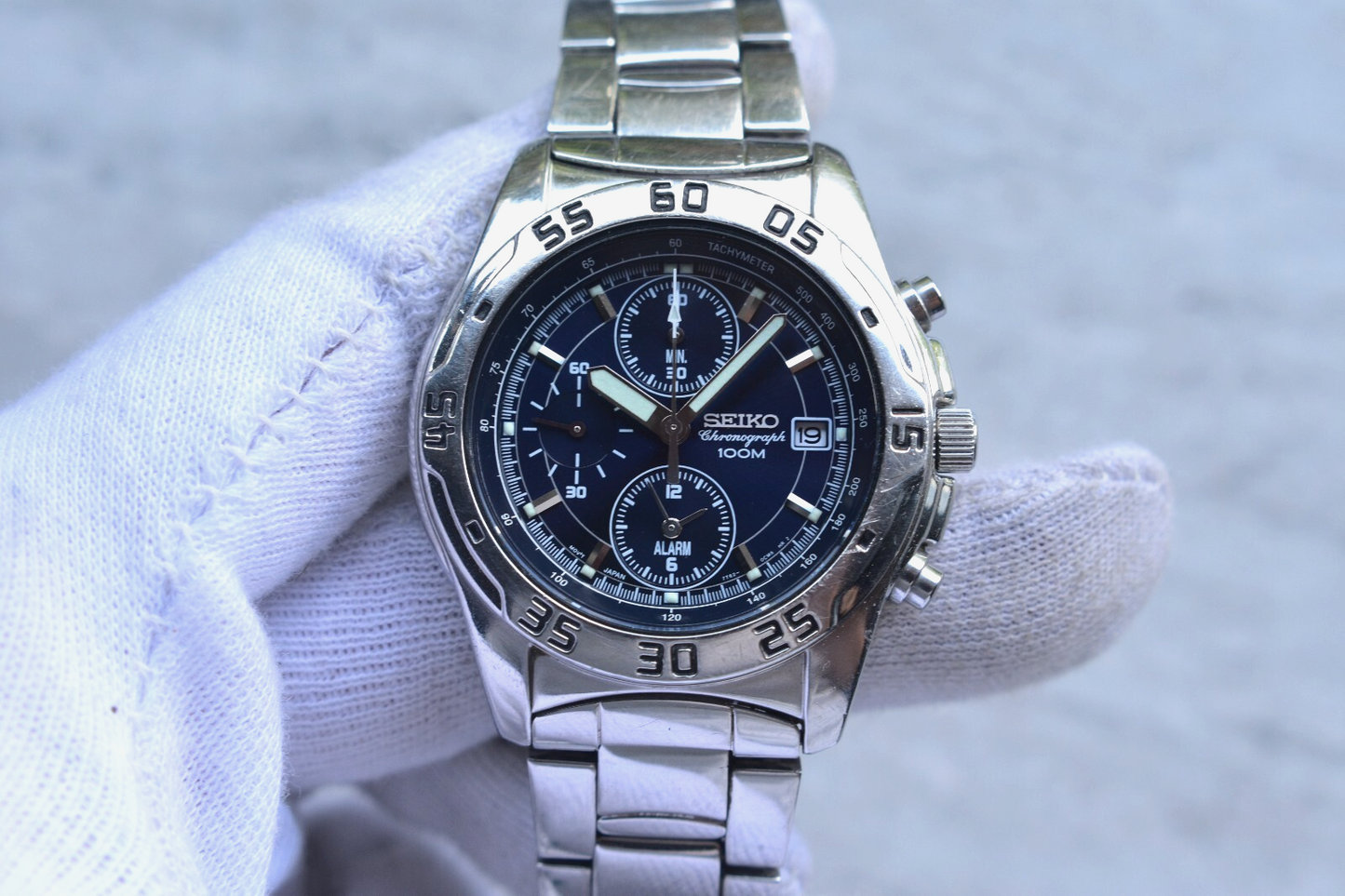 Seiko 100m Chronograph Blue Dial Date Men's Quartz Bracelet Rare Watch