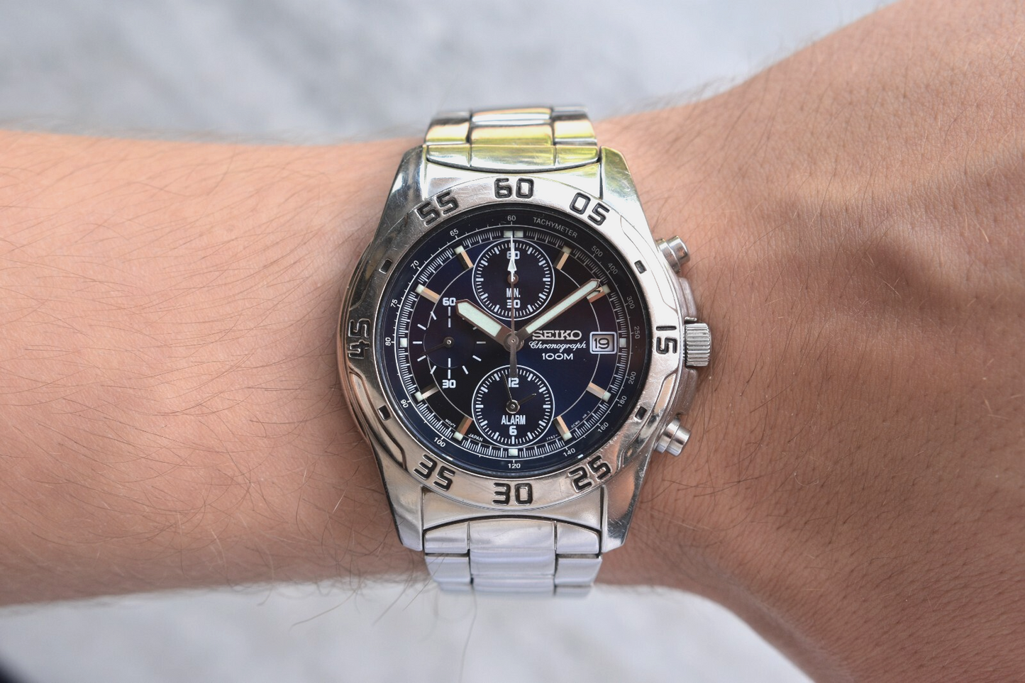 Seiko 100m Chronograph Blue Dial Date Men's Quartz Bracelet Rare Watch