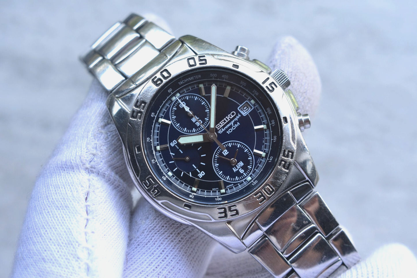 Seiko 100m Chronograph Blue Dial Date Men's Quartz Bracelet Rare Watch
