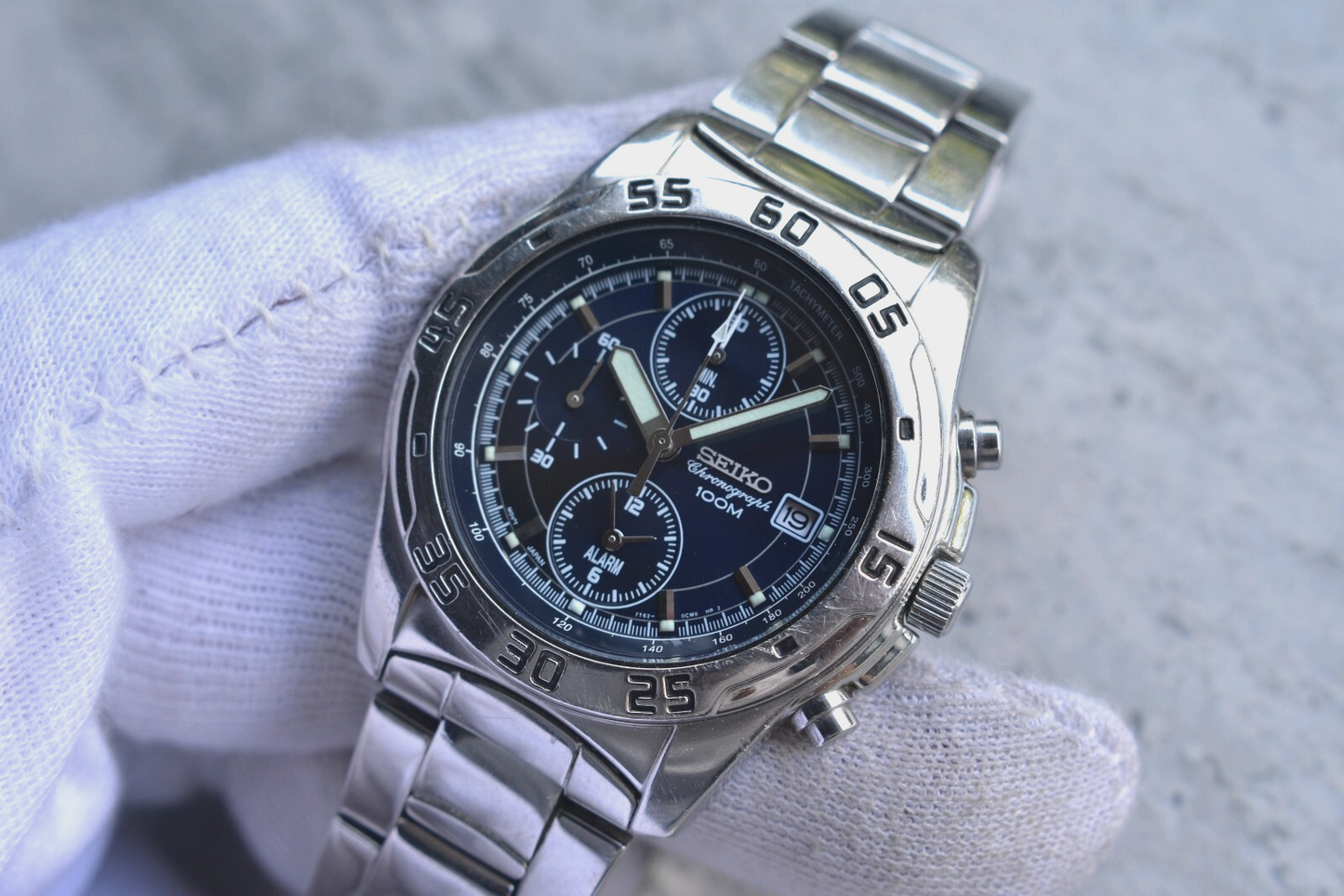 Seiko 100m Chronograph Blue Dial Date Men's Quartz Bracelet Rare Watch