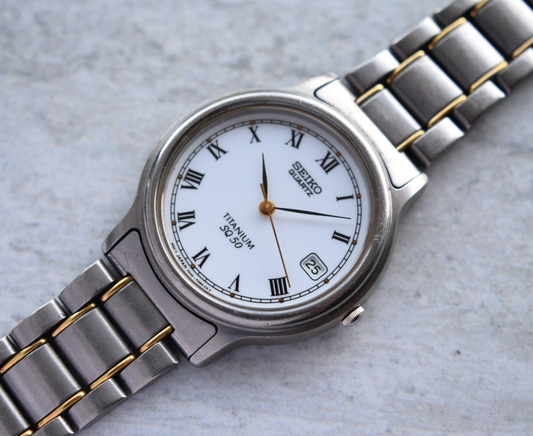 October 1990 Seiko Titanium Two Tone Day Date Men's Bracelet Rare Watch