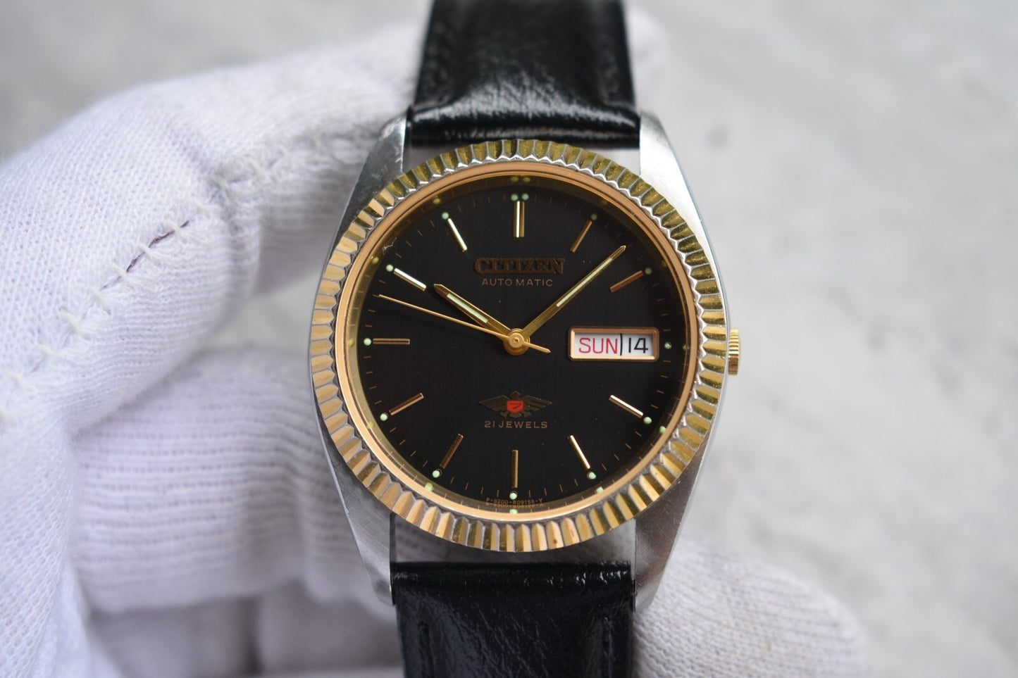 May 1997 Vintage Citizen Eagle 7 Automatic Men's Fluted Black Dial Leather Watch