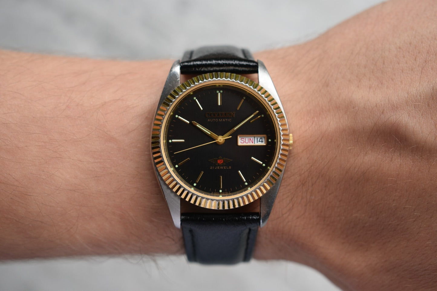 May 1997 Vintage Citizen Eagle 7 Automatic Men's Fluted Black Dial Leather Watch