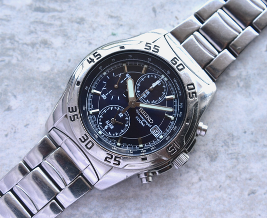 Seiko 100m Chronograph Blue Dial Date Men's Quartz Bracelet Rare Watch