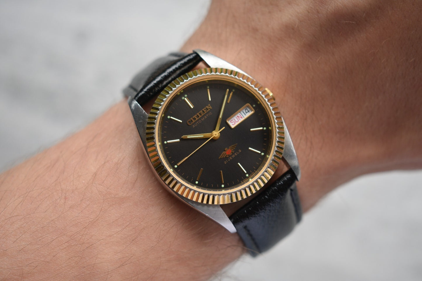 May 1997 Vintage Citizen Eagle 7 Automatic Men's Fluted Black Dial Leather Watch