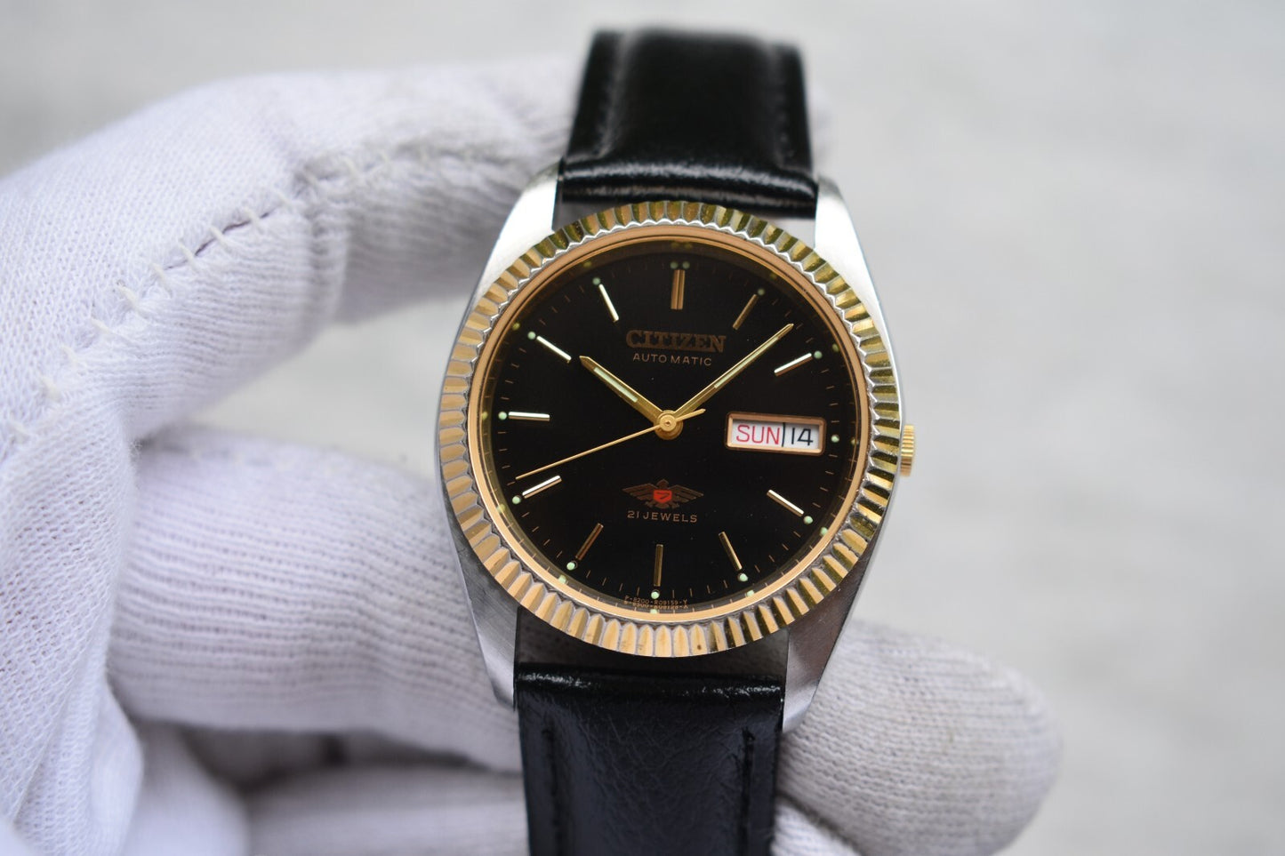 May 1997 Vintage Citizen Eagle 7 Automatic Men's Fluted Black Dial Leather Watch