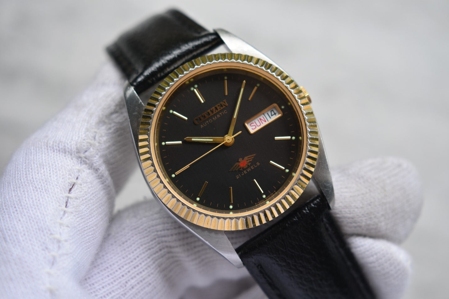 May 1997 Vintage Citizen Eagle 7 Automatic Men's Fluted Black Dial Leather Watch