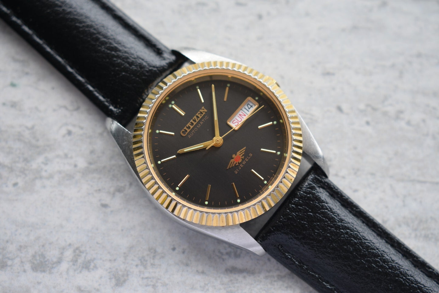 May 1997 Vintage Citizen Eagle 7 Automatic Men's Fluted Black Dial Leather Watch