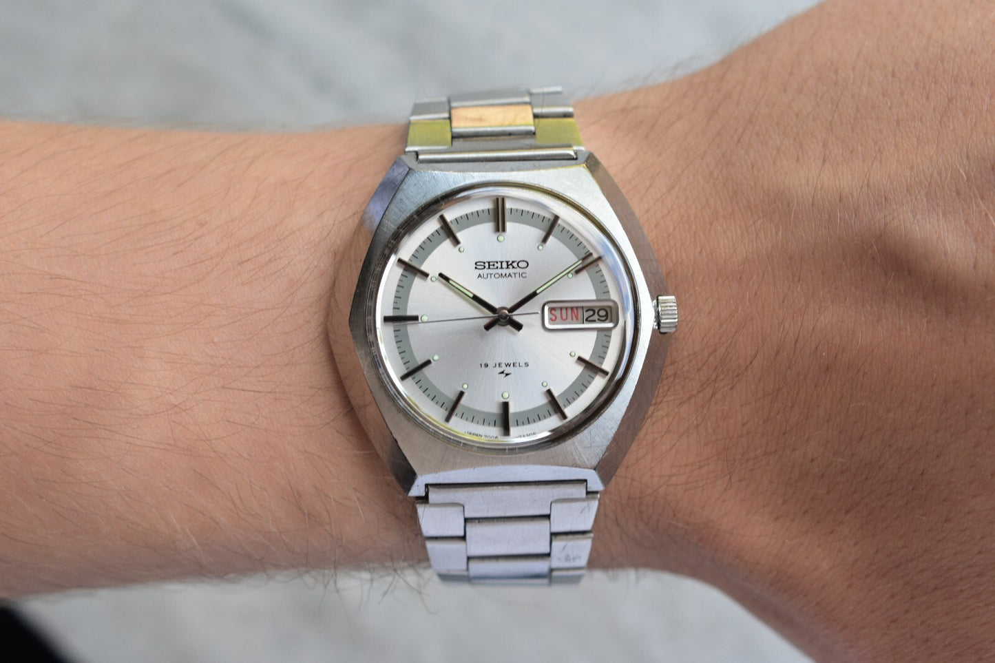 December 1974 Rare Vintage Seiko 7006  Automatic Bracelet Silver Sunburst Watch