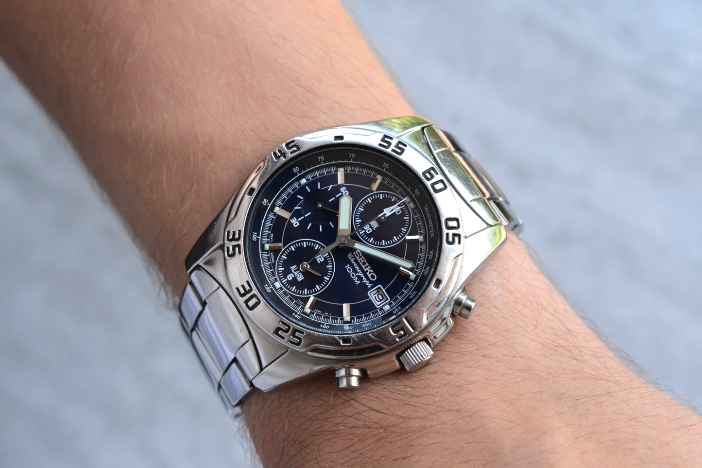 Seiko 100m Chronograph Blue Dial Date Men's Quartz Bracelet Rare Watch