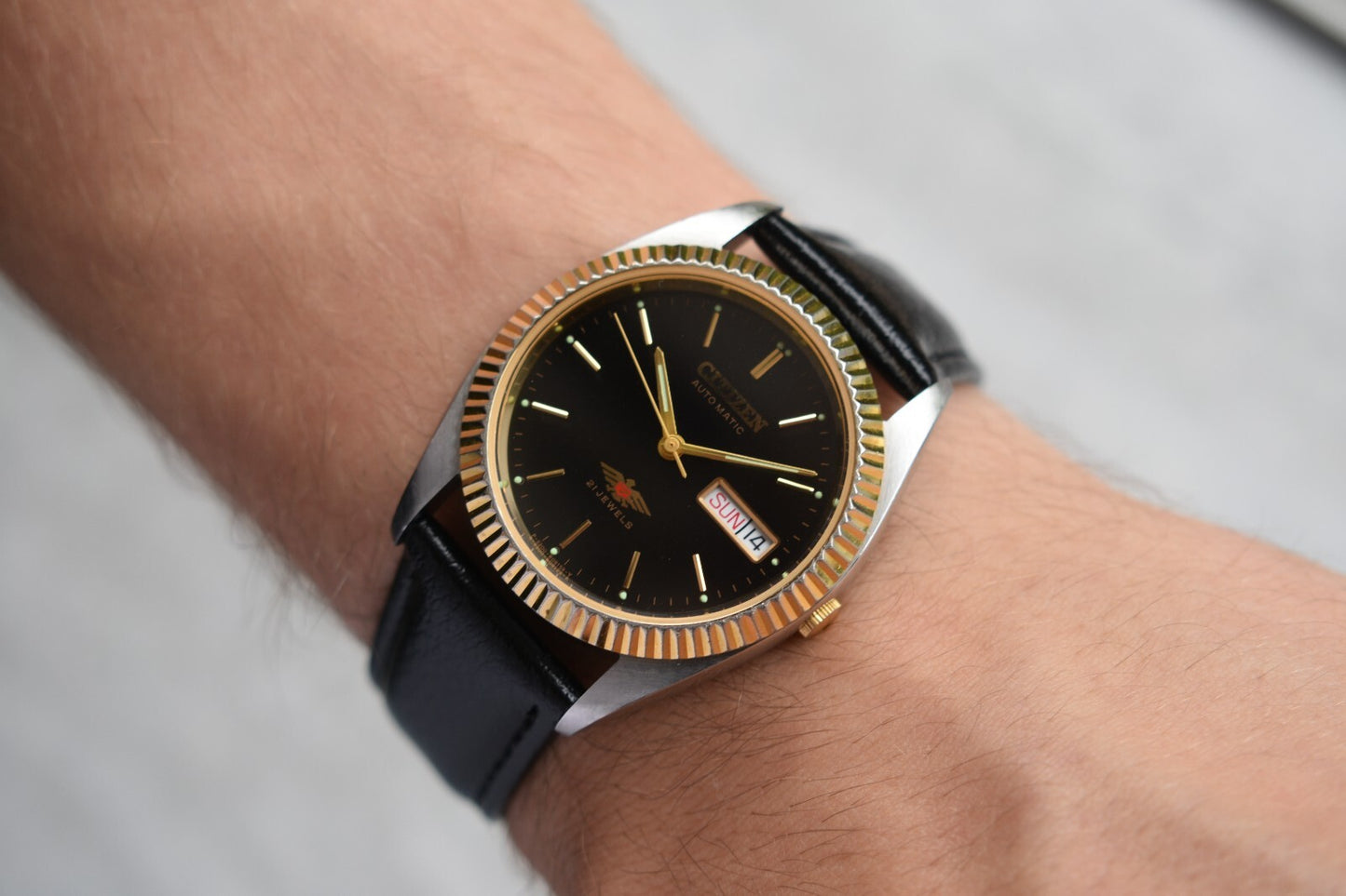 May 1997 Vintage Citizen Eagle 7 Automatic Men's Fluted Black Dial Leather Watch