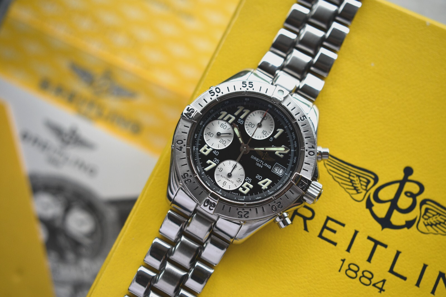 Fullset Breitling Colt Automatic Chronograph Men's Black Dial Bracelet Watch