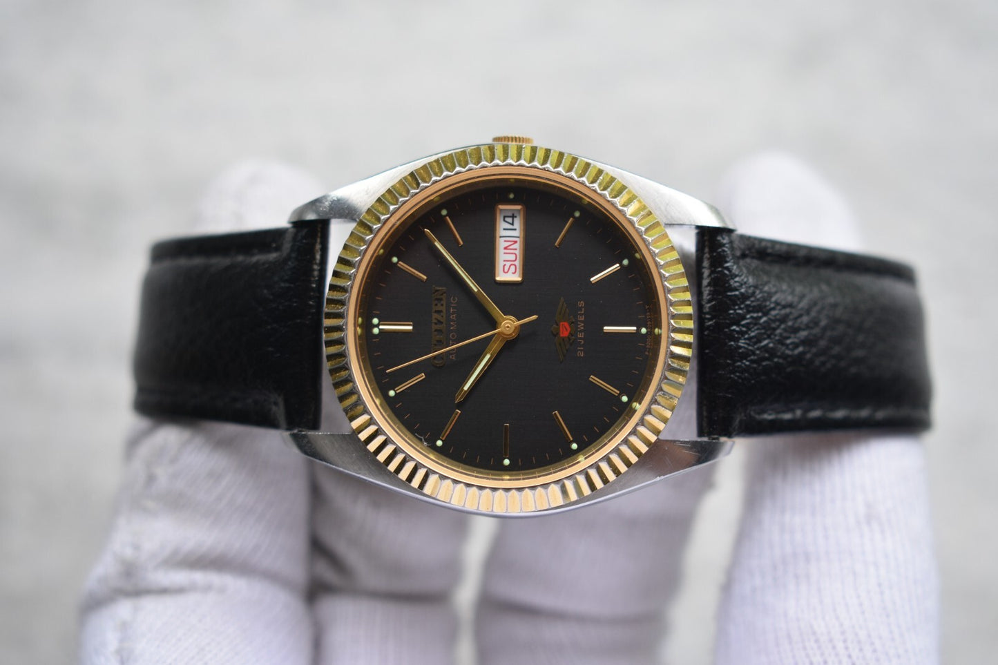 May 1997 Vintage Citizen Eagle 7 Automatic Men's Fluted Black Dial Leather Watch