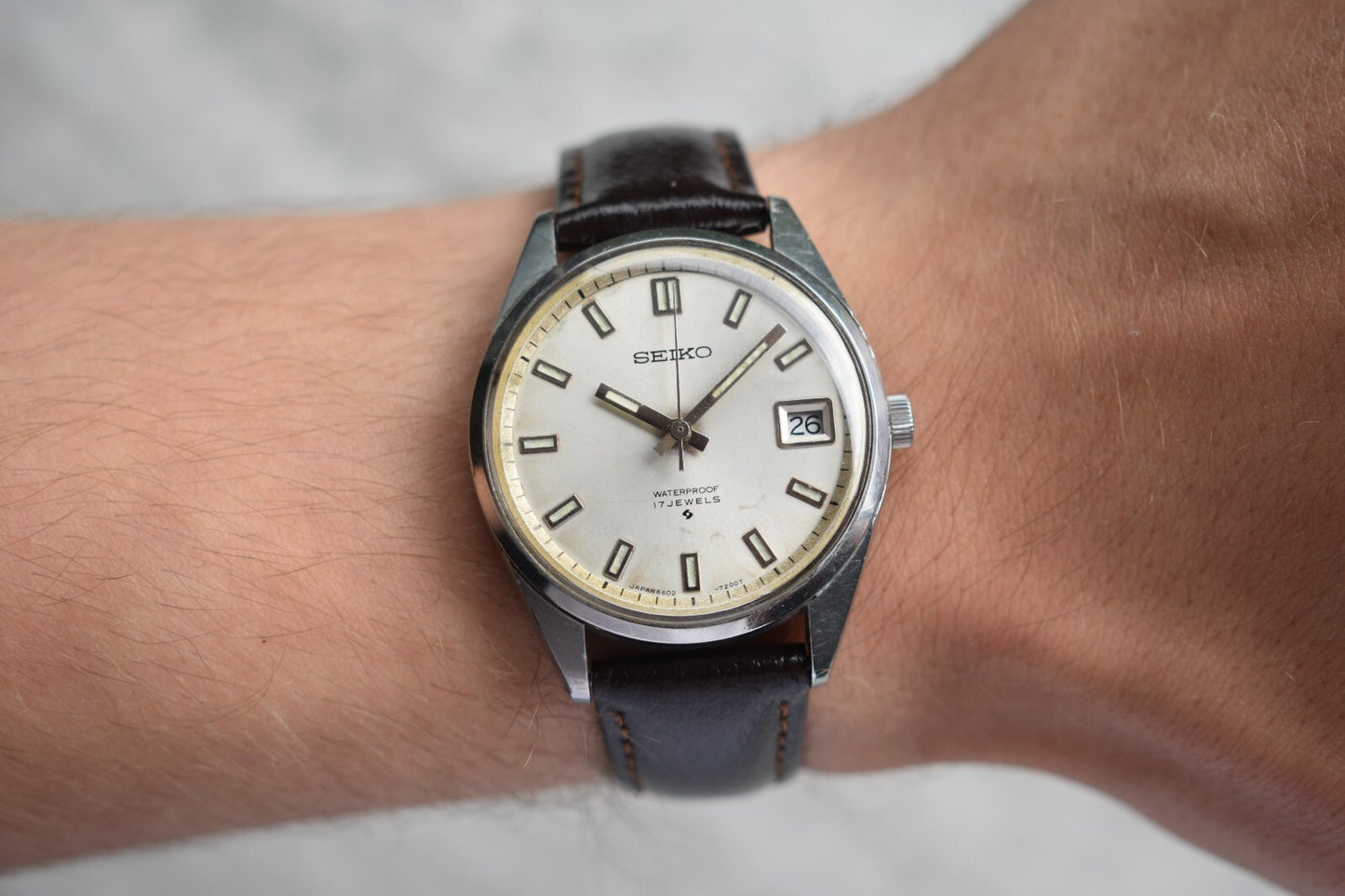 March 1970 Rare Vintage Seiko Date Mechanical Sunburst Dial Leather Dress Watch