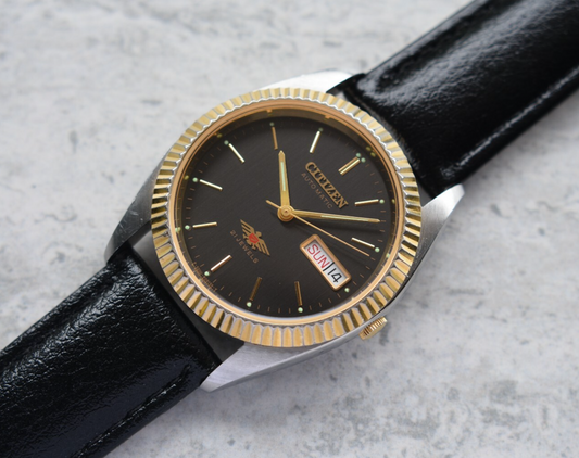 May 1997 Vintage Citizen Eagle 7 Automatic Men's Fluted Black Dial Leather Watch