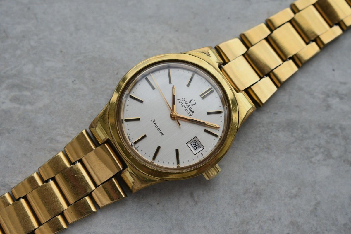 1973 Vintage Omega Mens Watch Geneve Gold Bracelet Automatic Date Rare 166.0173