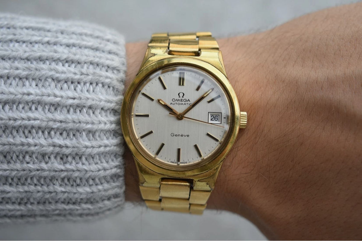 1973 Vintage Omega Mens Watch Geneve Gold Bracelet Automatic Date Rare 166.0173